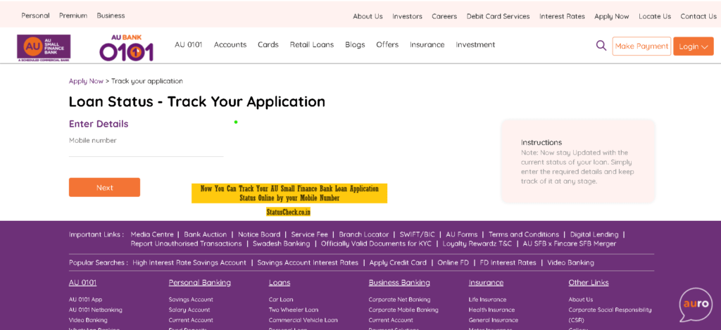 Track AU Small Finance Bank Loan Status by Mobile Number