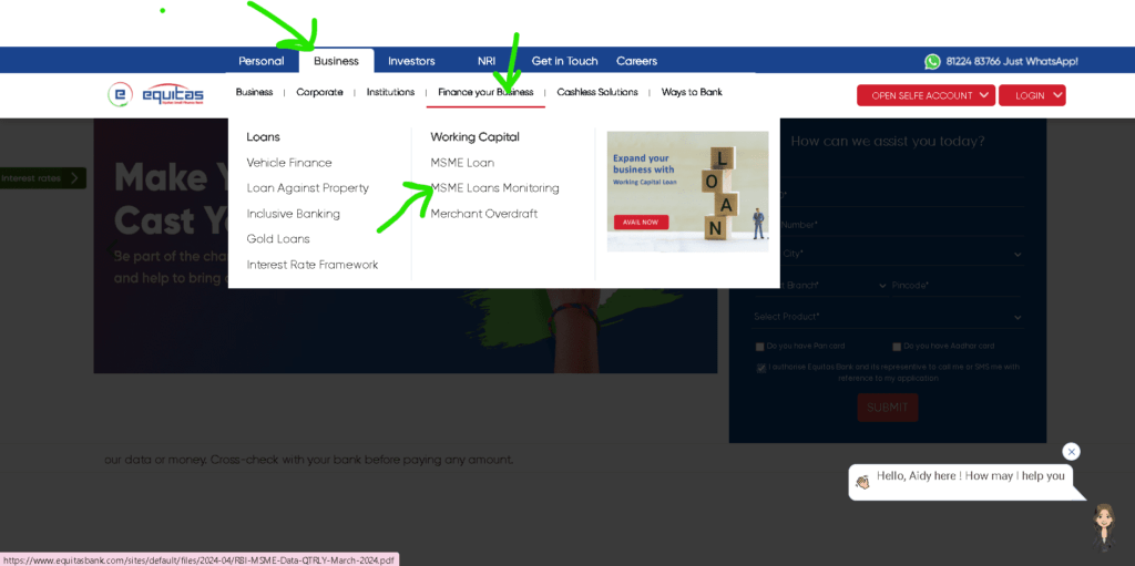 Equitas Bank Loan Status Check Step 1