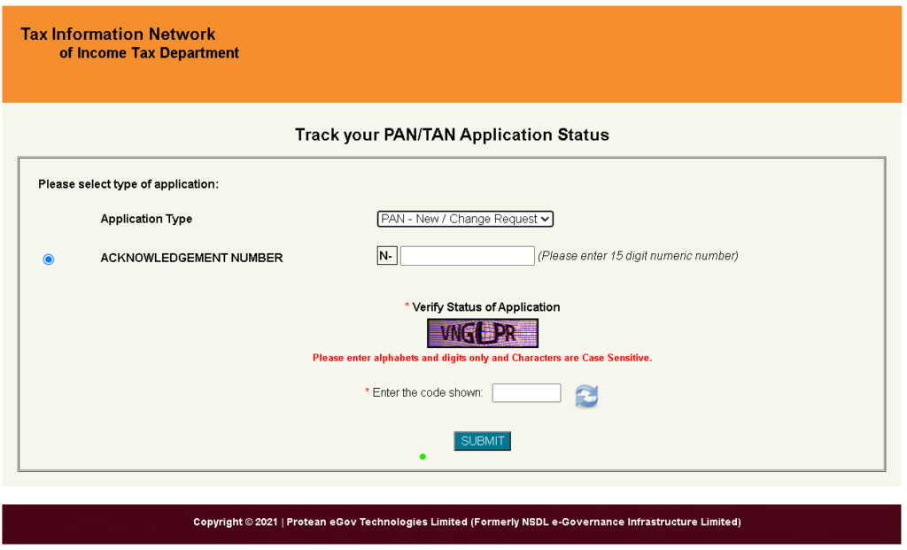 PAN Card Status Check Online Step 2