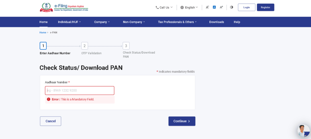 PAN Card Status Check by Aadhar Number Step 3