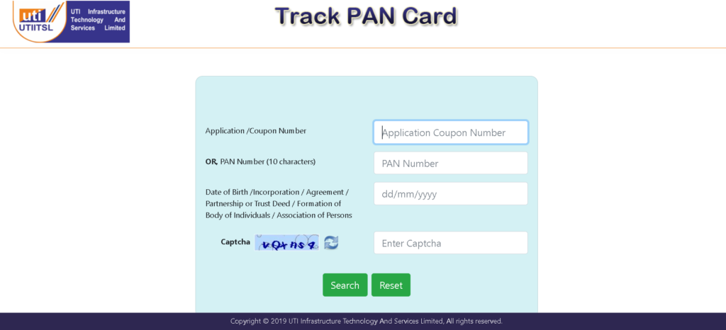 PAN Card Status check by Token Number step 2