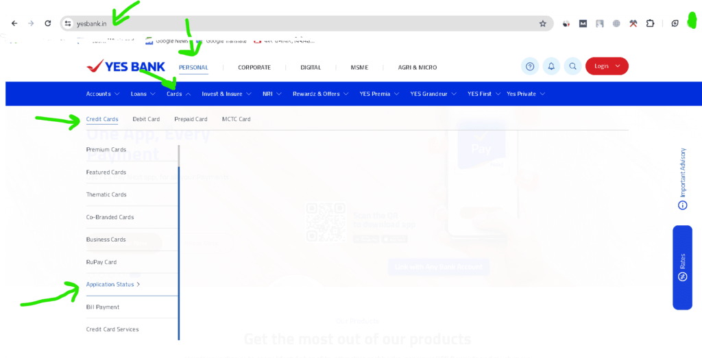 Yes Bank Credit Card Status Check Step 1