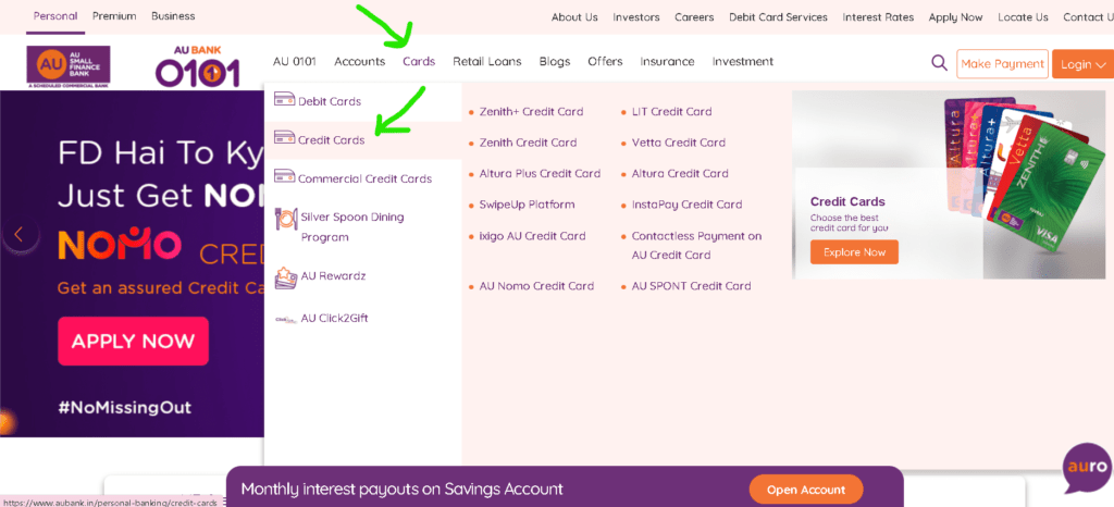 au small finance Bank Credit Card Status Check Step 1