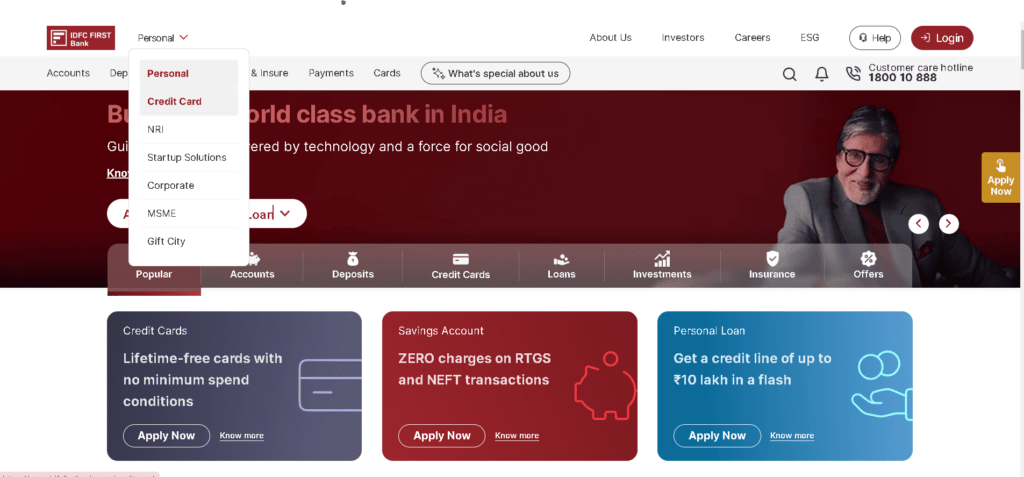 IDFC Bank Credit Card Status Check Online Step 1