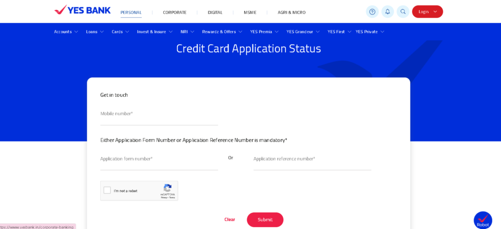 Yes Bank Credit Card Status Check Step 2